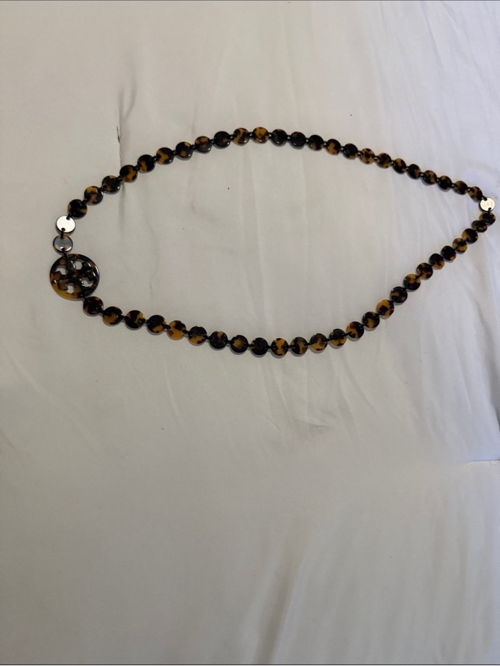Tory Burch Tortoiseshell Bead Necklace with Logo Accent in Amber and Dark Brown